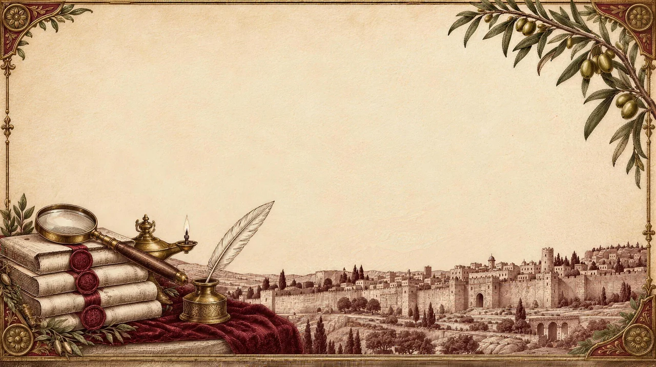 An engraved plate: sealed scrolls, a magnifying glass, an oil lamp and a quill before the walls of Jerusalem