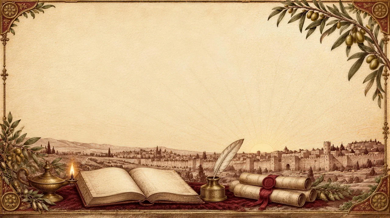 An engraved plate of Jerusalem at dawn, an open book and a quill
