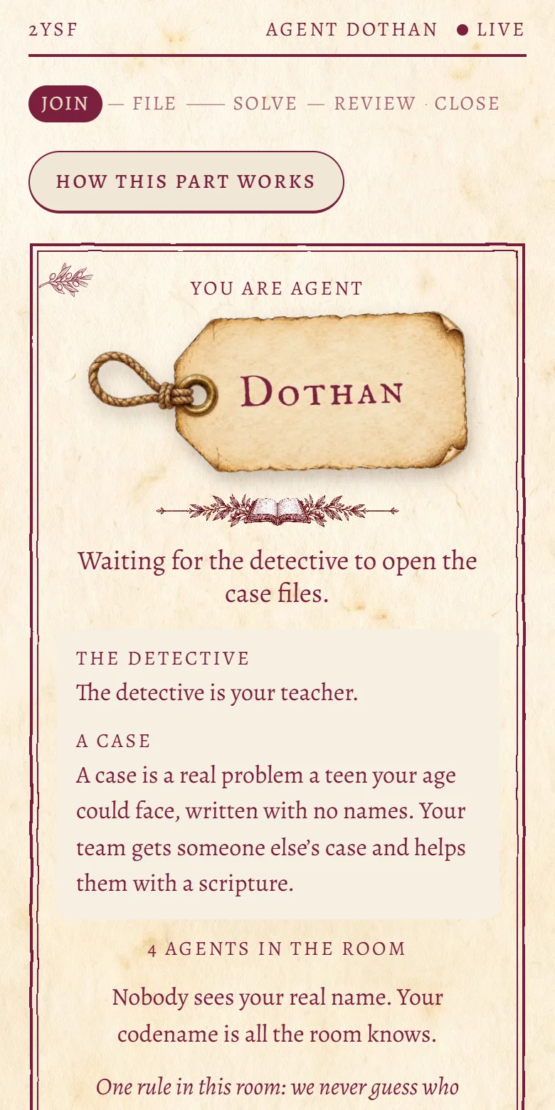 A phone in the lobby, showing the codename Dothan and what the detective and a case are
