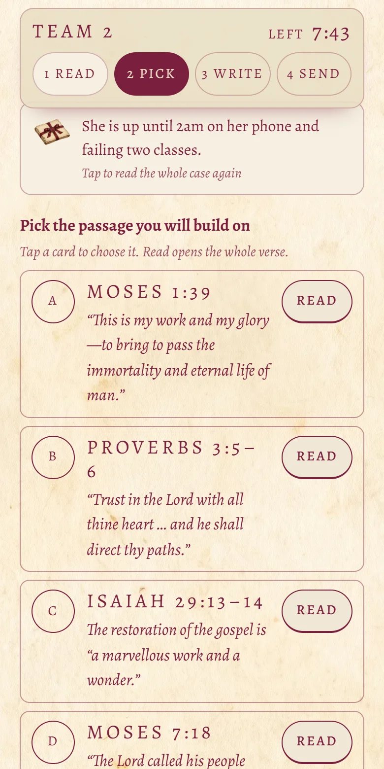 Step 2: five passages; tap one, or read the whole verse
