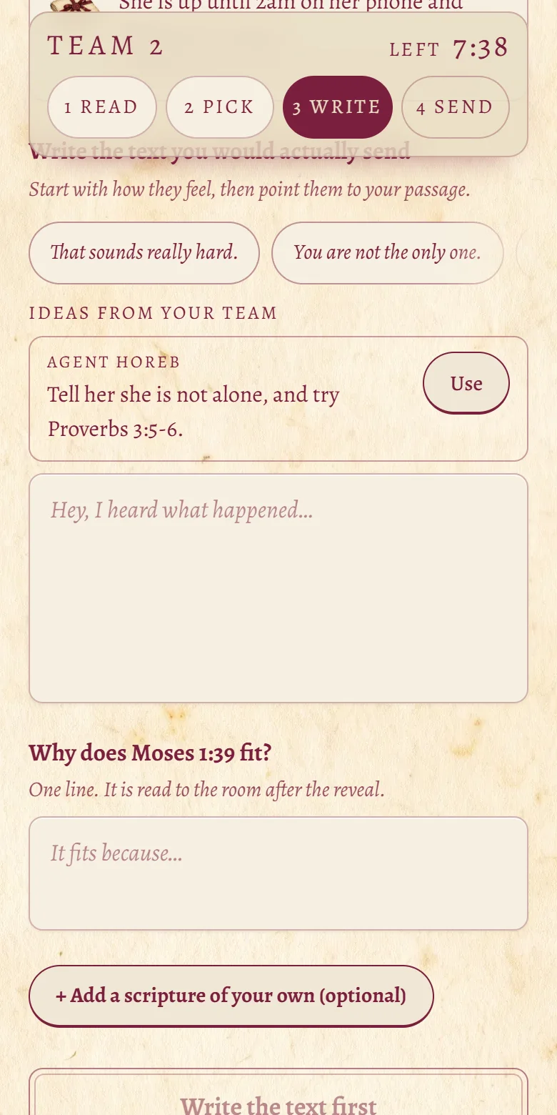 Step 3: the scribe's write step, with a teammate's idea ready to use