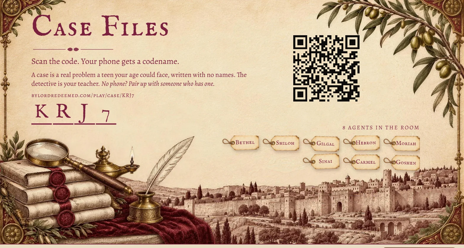 The wall in the lobby: the room code, a QR code, and eight agents in the room