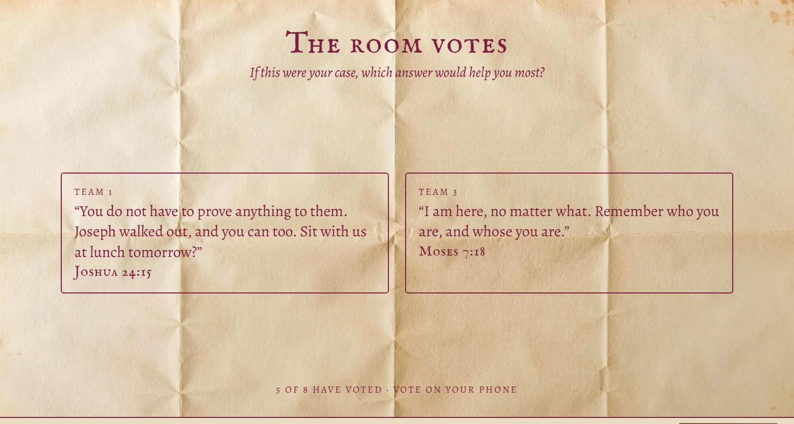 The wall while the room votes: two teams' answers and how many have voted