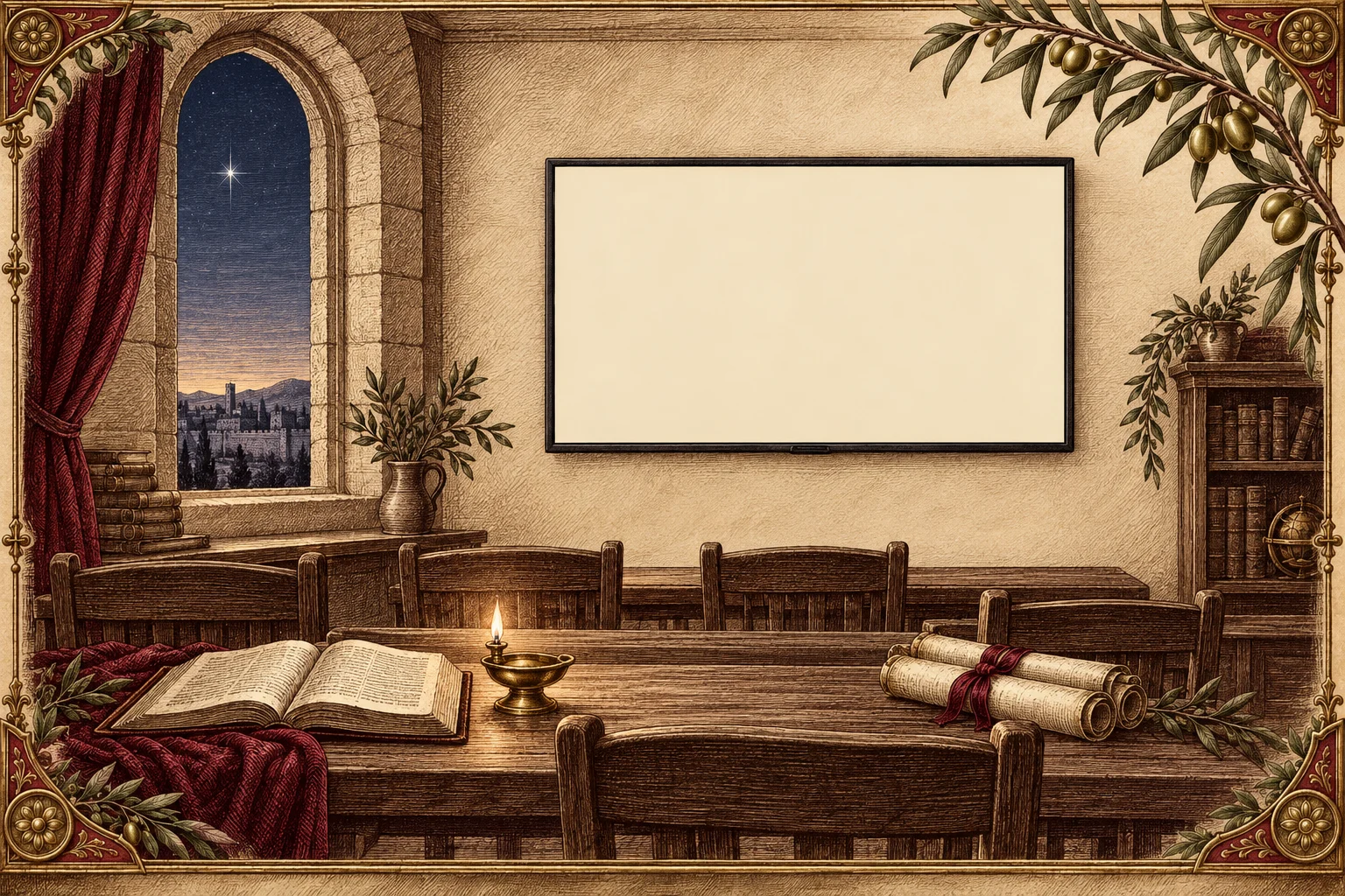 An engraved seminary classroom before dawn, a television on the far wall