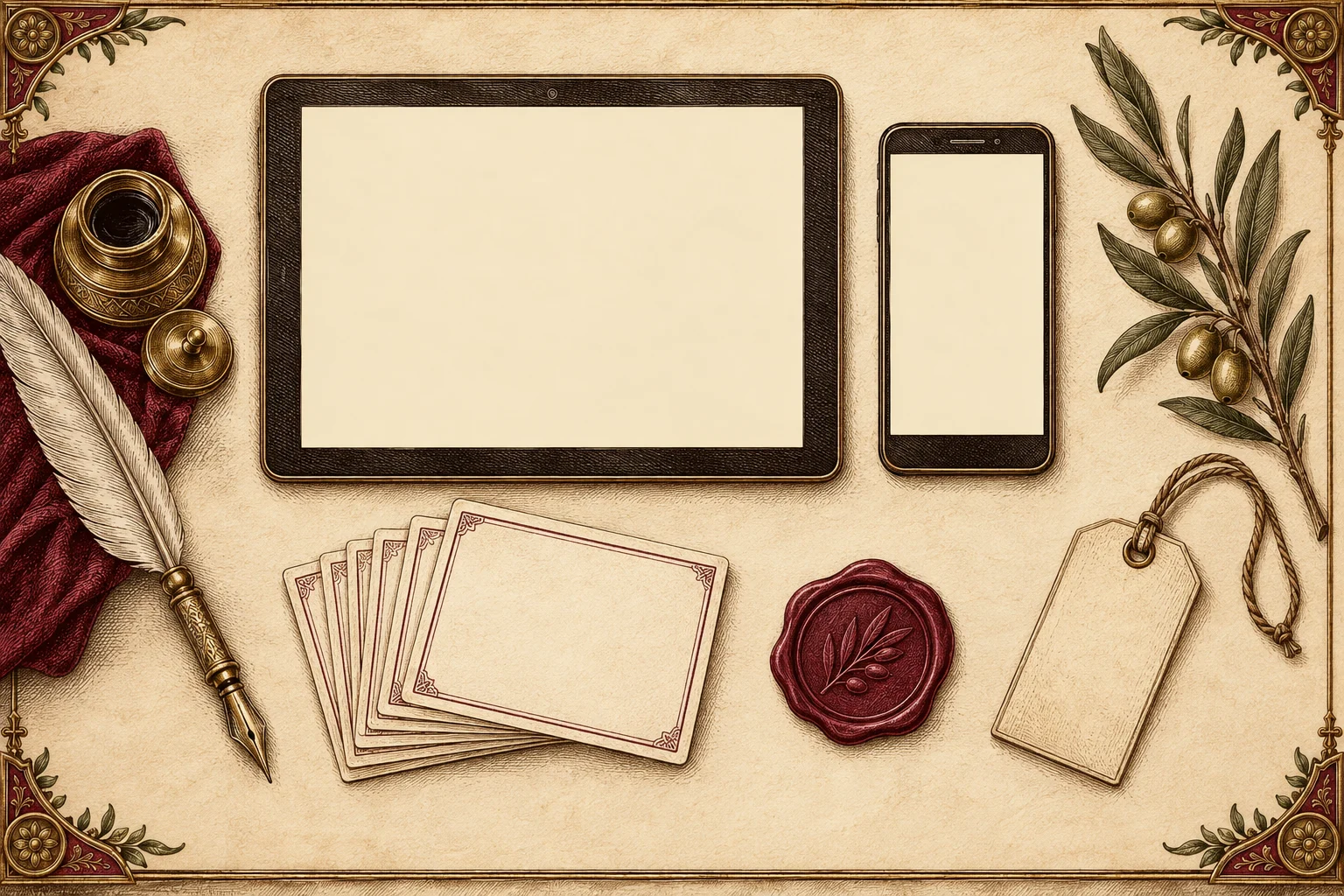 An engraved desk from above: a tablet, a phone, a fan of passage cards, a wax seal, a quill and a codename tag
