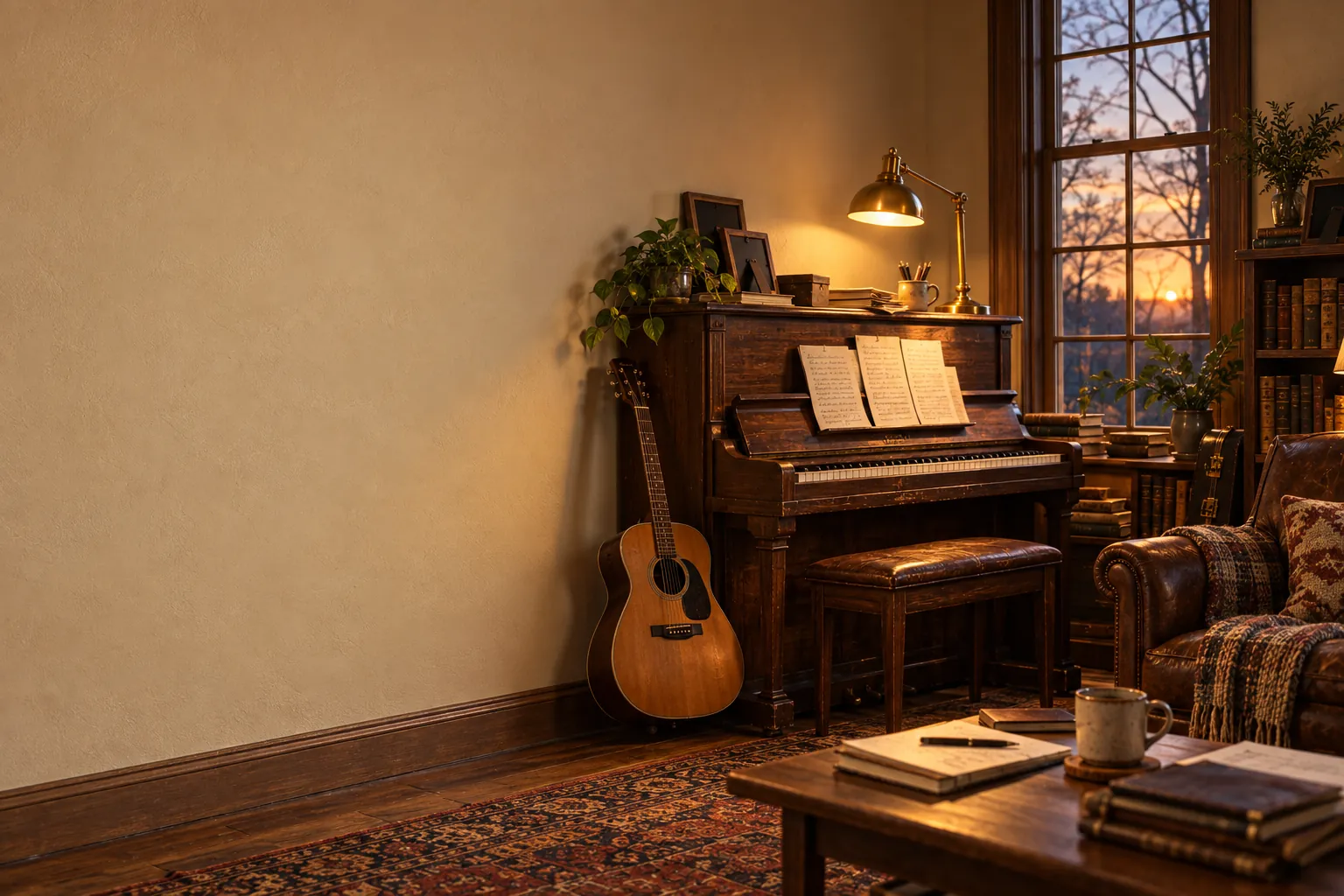 A songwriter's room at evening: an upright piano with handwritten lyric sheets, a guitar leaning on it, a brass lamp, an armchair.