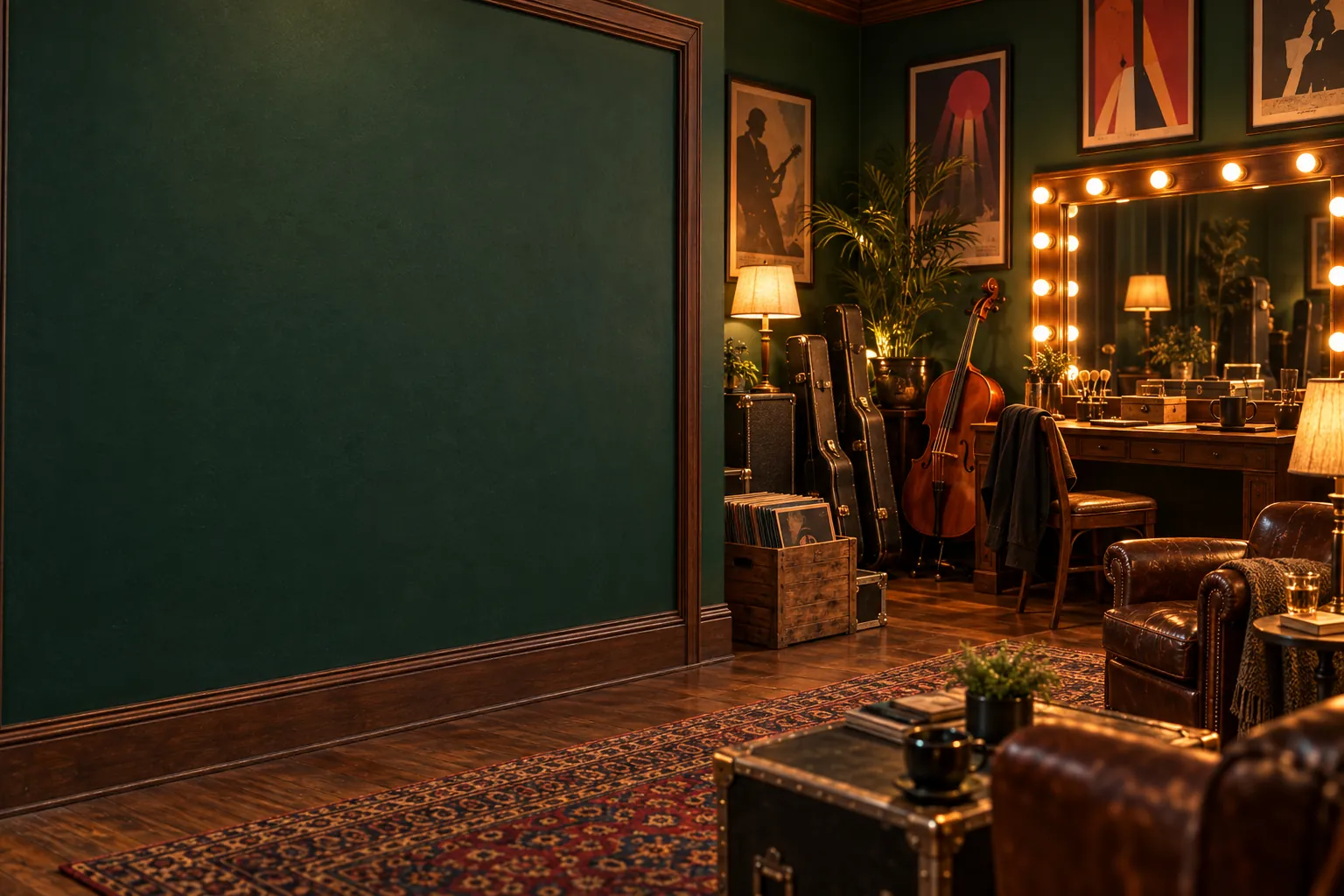 A backstage green room: a dressing-table mirror ringed with bulbs, leather armchairs, a crate of records, guitar cases and a cello.