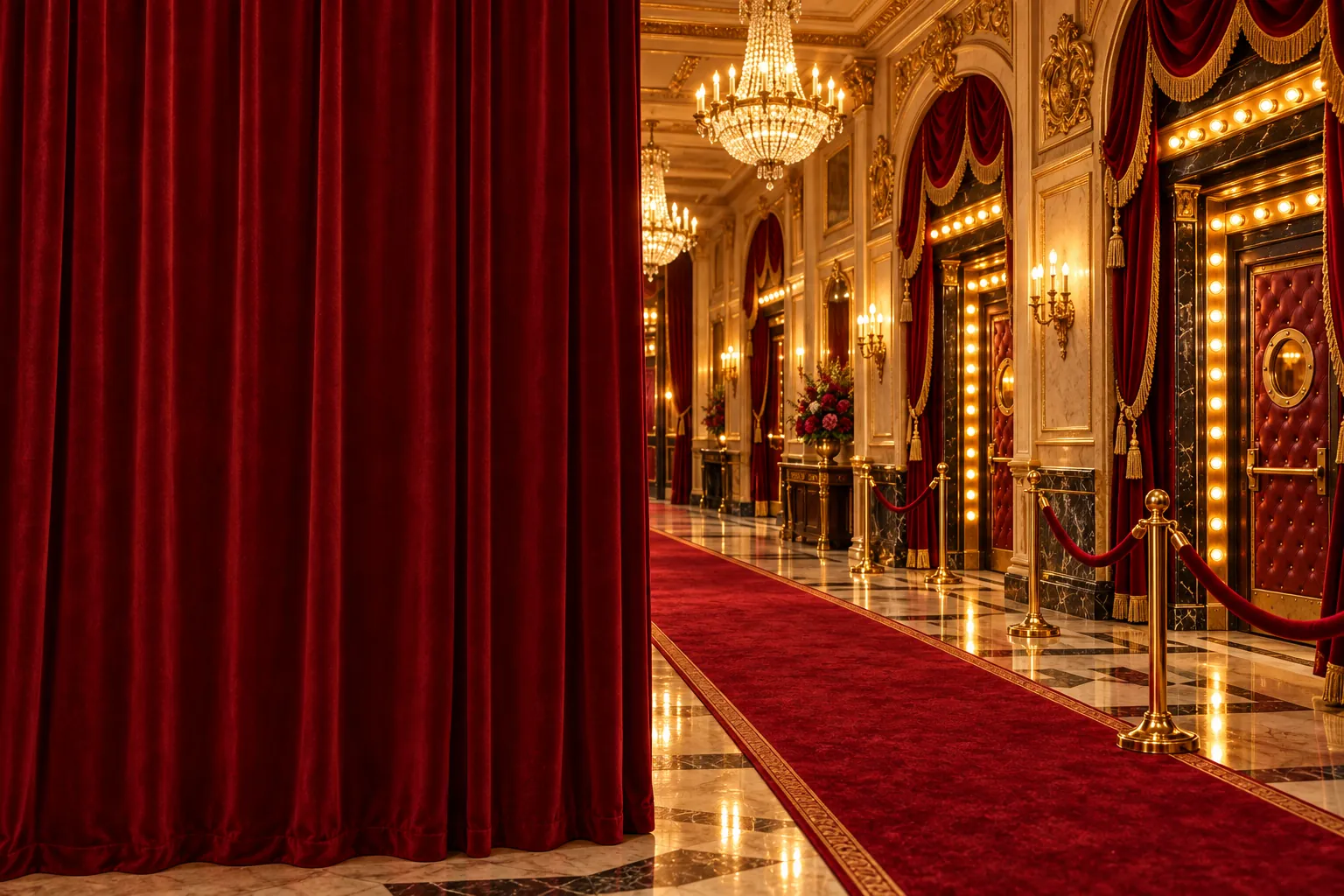 The foyer of an old concert hall: red velvet, gilded mouldings, lit doorways off a marble hall and a red carpet.