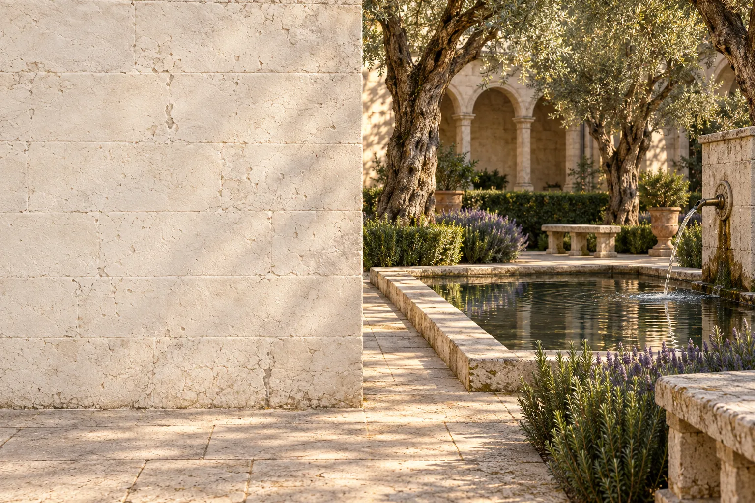 A quiet walled garden of pale limestone in the morning: a still pool fed by a stone fountain, two old olive trees, lavender.