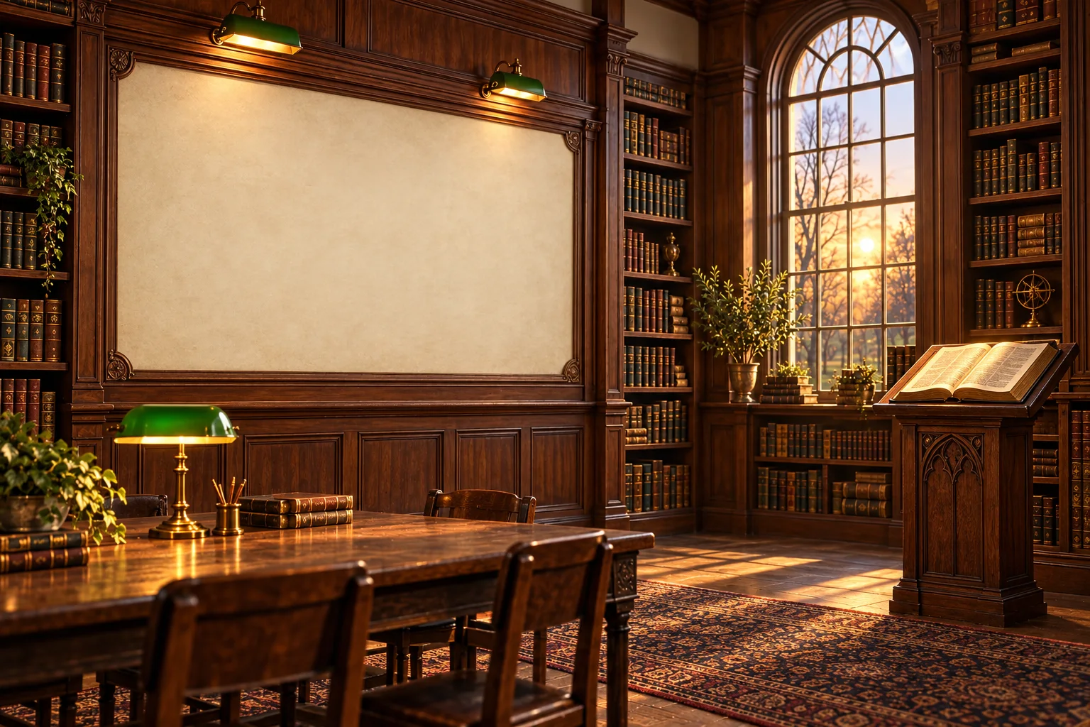 An old library reading room at morning: walnut bookcases of gilt-spined books, a tall arched window, an open Bible on an oak lectern in a shaft of light.