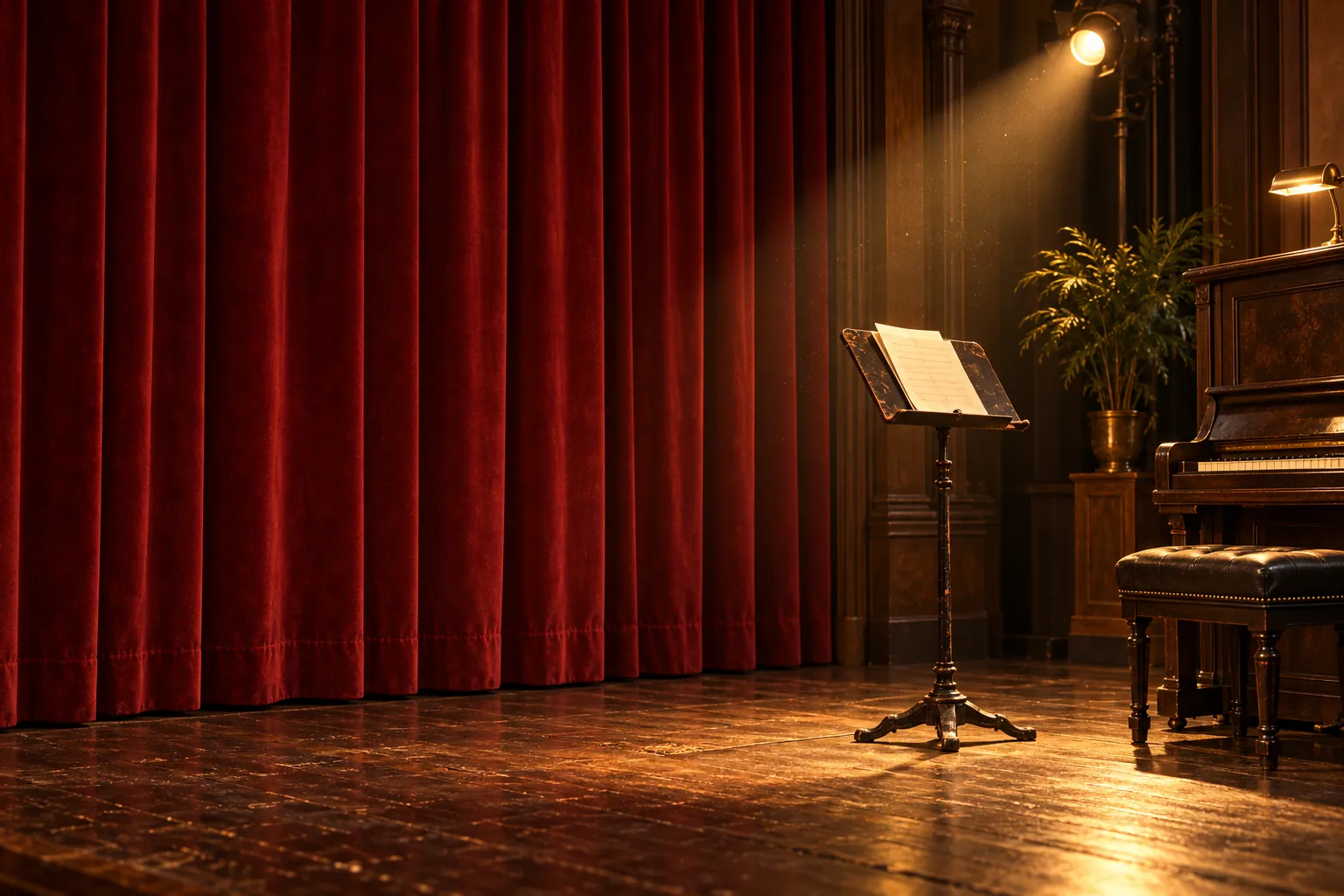 A quiet stage before a show: an iron music stand under a warm spotlight, a piano bench, red velvet curtains.
