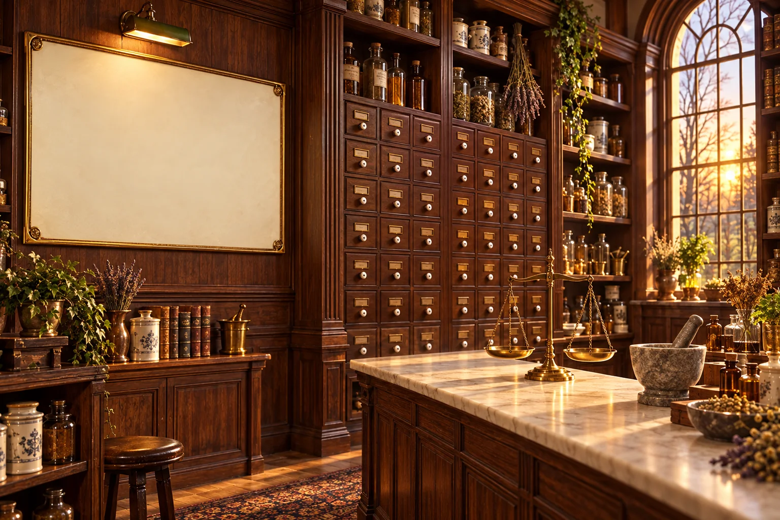 An old apothecary at morning: a tall wall of small oak drawers with brass card holders, shelves of glass jars, a marble counter with a brass scale.