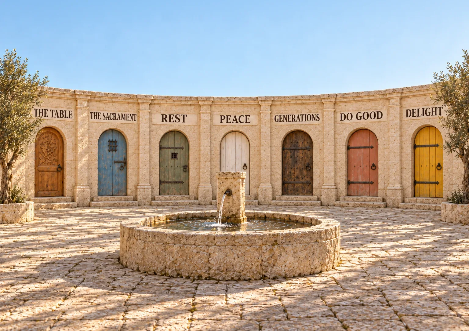 A half-round courtyard of white limestone with a fountain in the middle and seven painted doors around it, each named above its arch: The Table, The Sacrament, Rest, Peace, Generations, Do Good, Delight