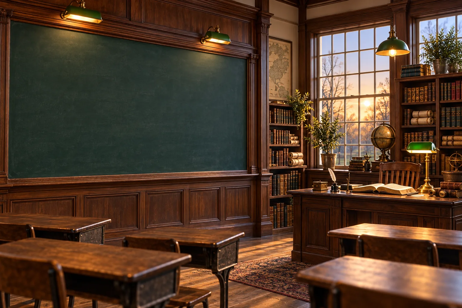 Inside the schoolhouse at dawn: walnut shelves of scrolls and old scriptures, brass lamps lit, the teacher's desk with an open Bible.
