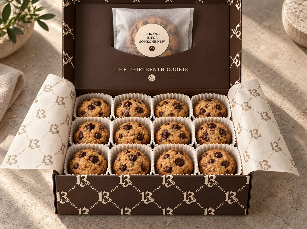 A dozen cookies in an open box, wrapped in paper printed with 13s