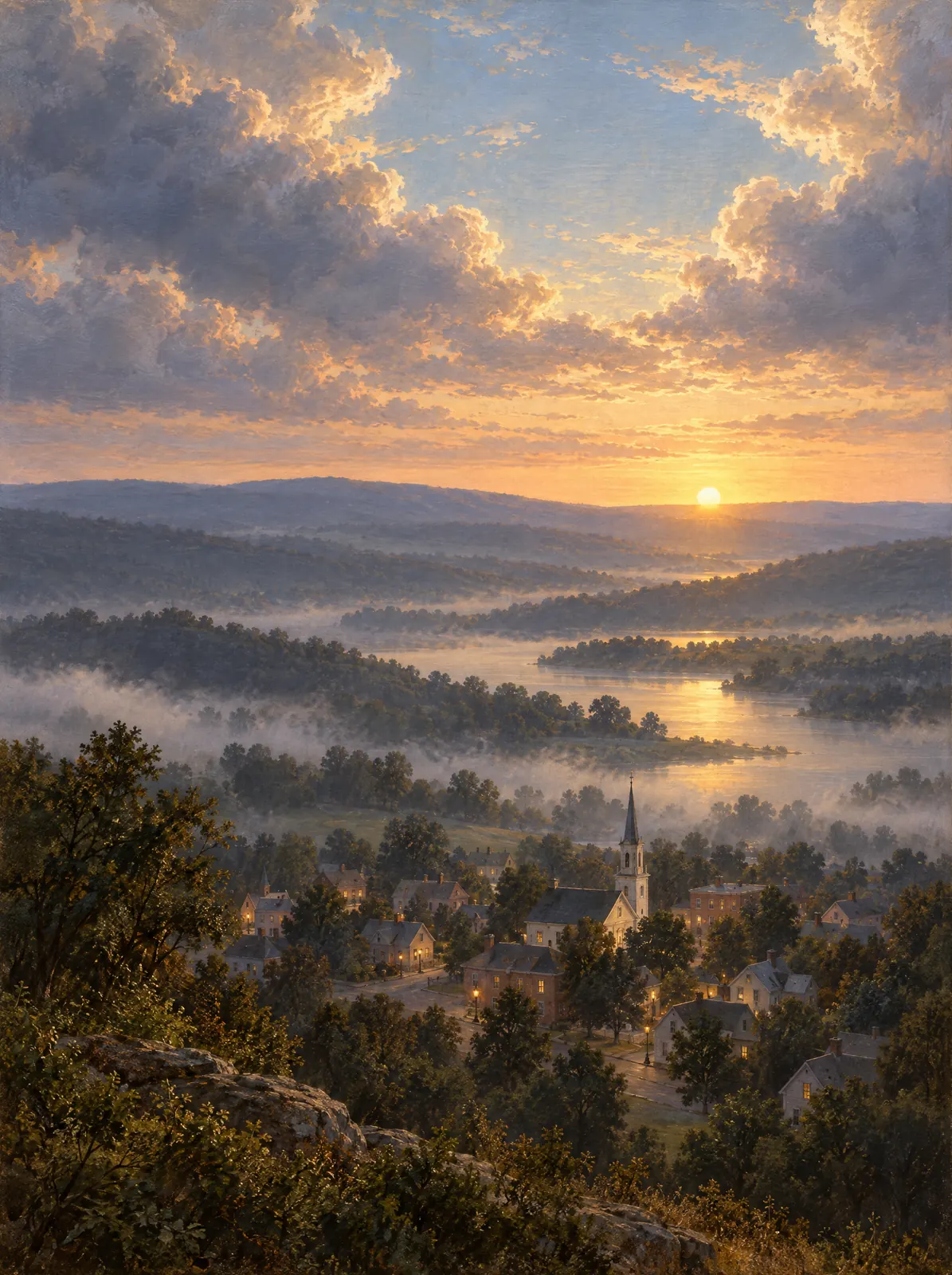 Dawn over a small town with a chapel