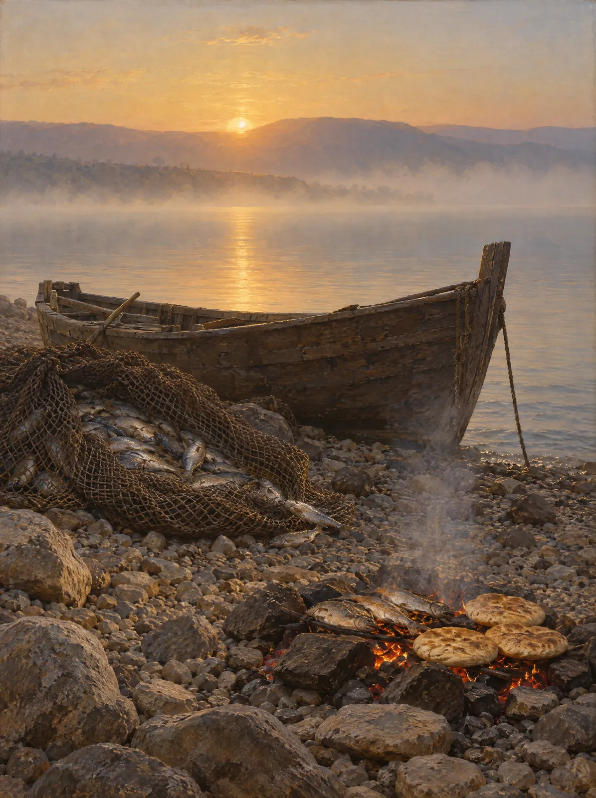 A fire of coals on the shore with fish and bread, a boat drawn up beside it